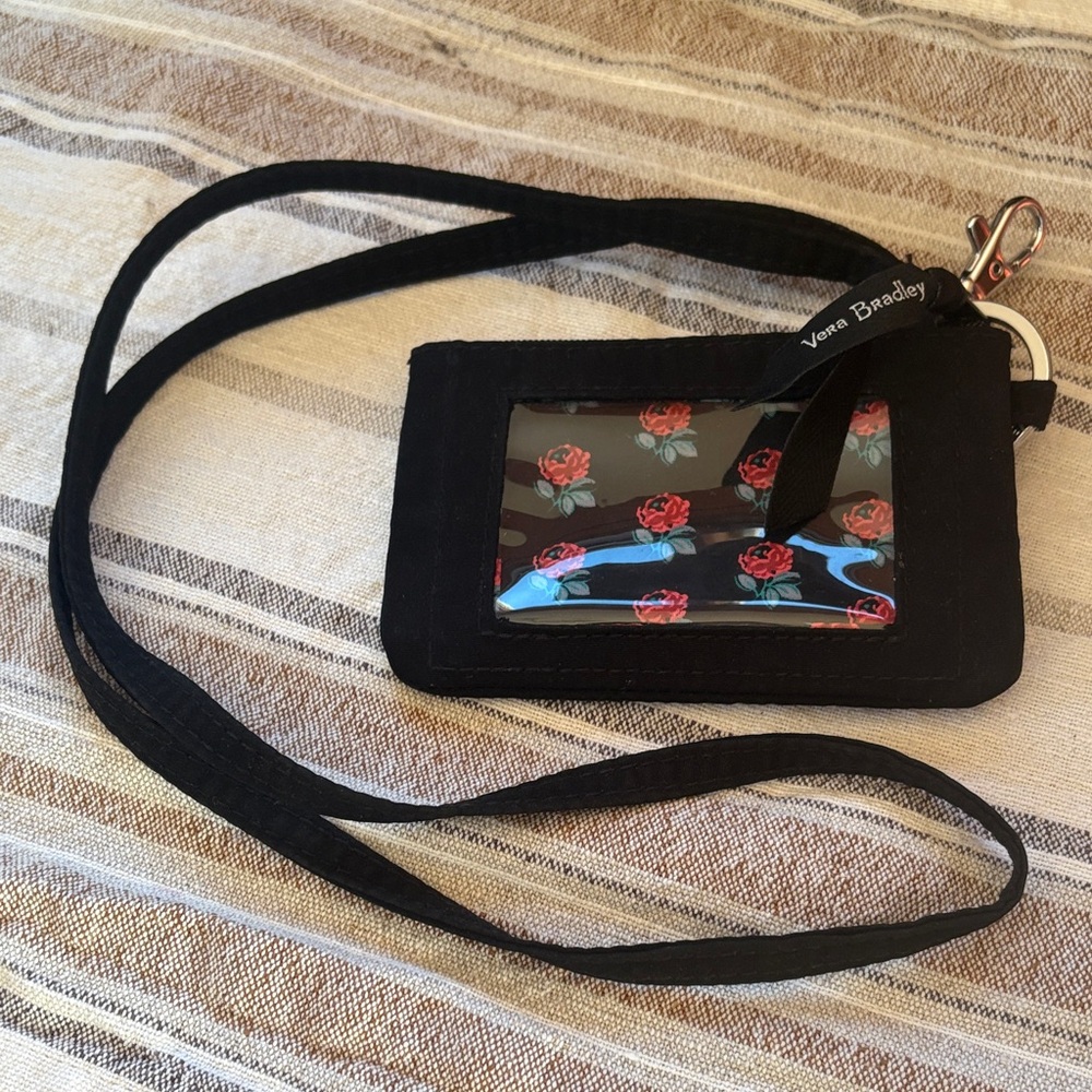 Vera Bradley Black and Red Rose ID Lanyard